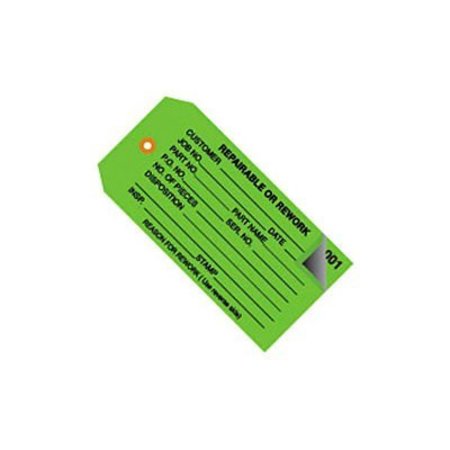 BOX PACKAGING 2 Part Inspection Tags, "Repairable Or Rework", #5, 4-3/4"L x 2-3/8"W, Green, 500/Pack G21031